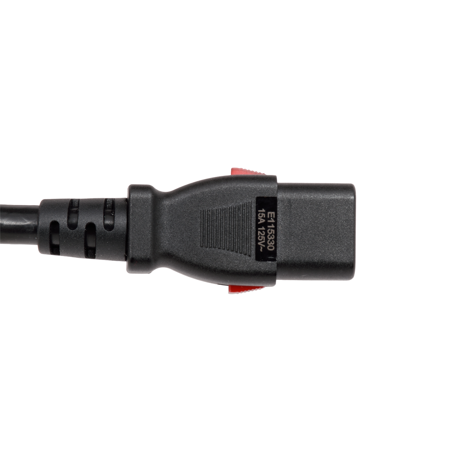 Locking IEC end with Easy Release Tabs on either side of connector