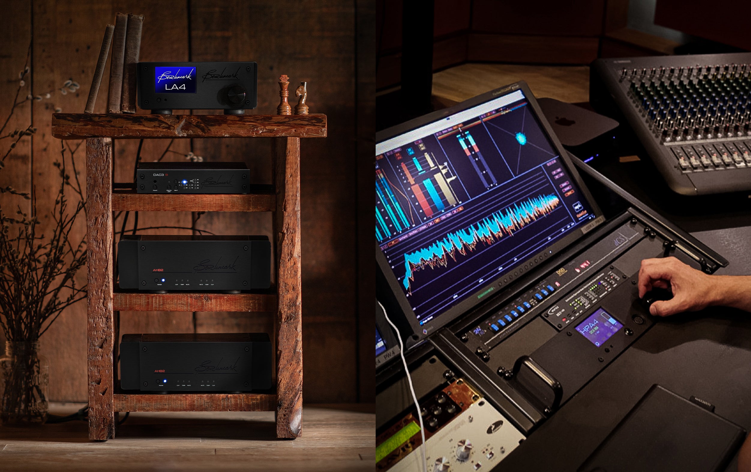Benchmark Products in Rustic Environment and Benchmark Rackmount HPA4 in a Recording Studio