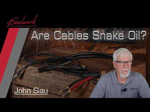 Video start button with photo of John Siau and some cables on a wood box. Text reads Are Cables Snake Oil?
