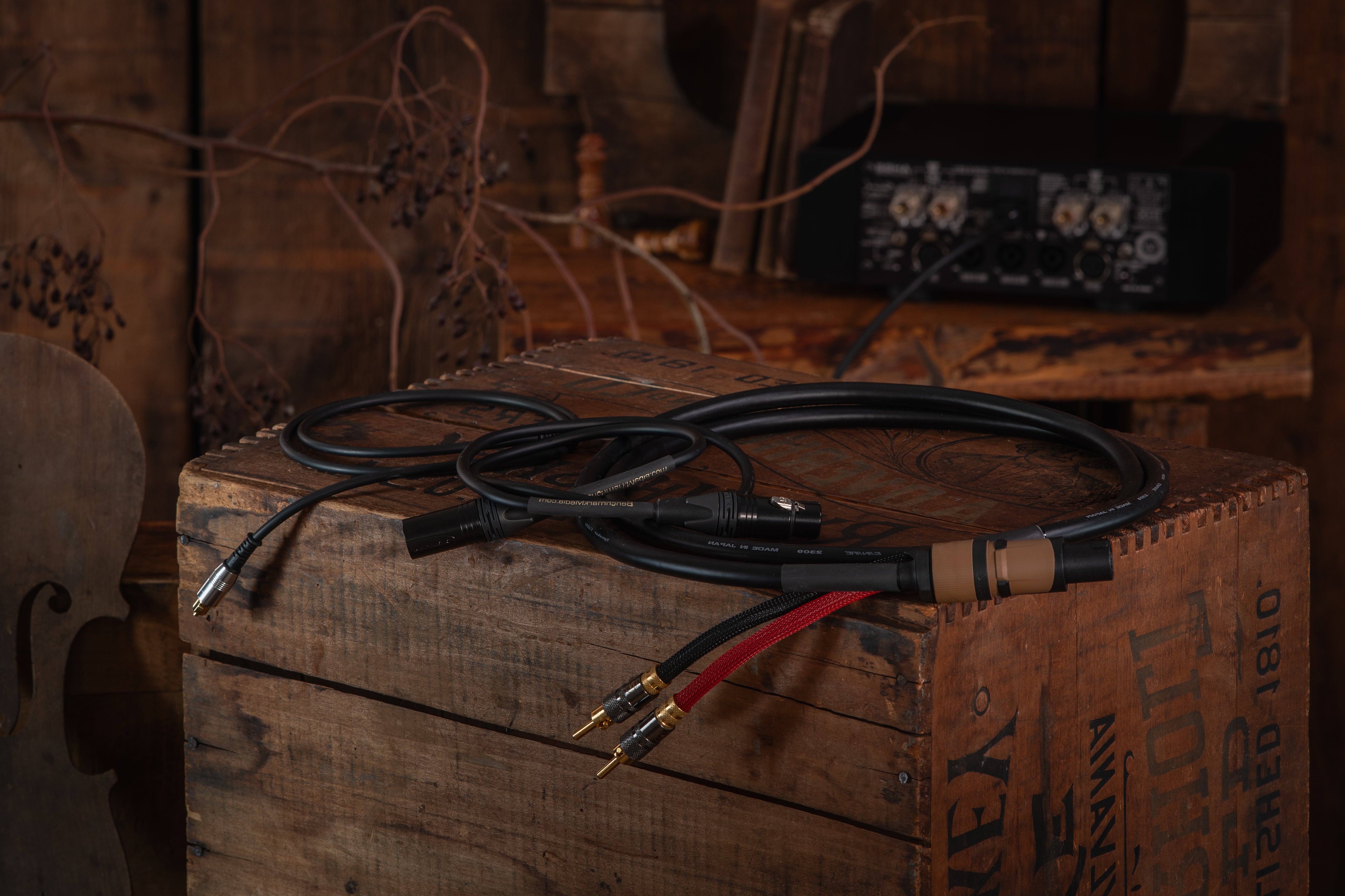 Benchmark Studio&Stage™ cables on a rustic wooden box