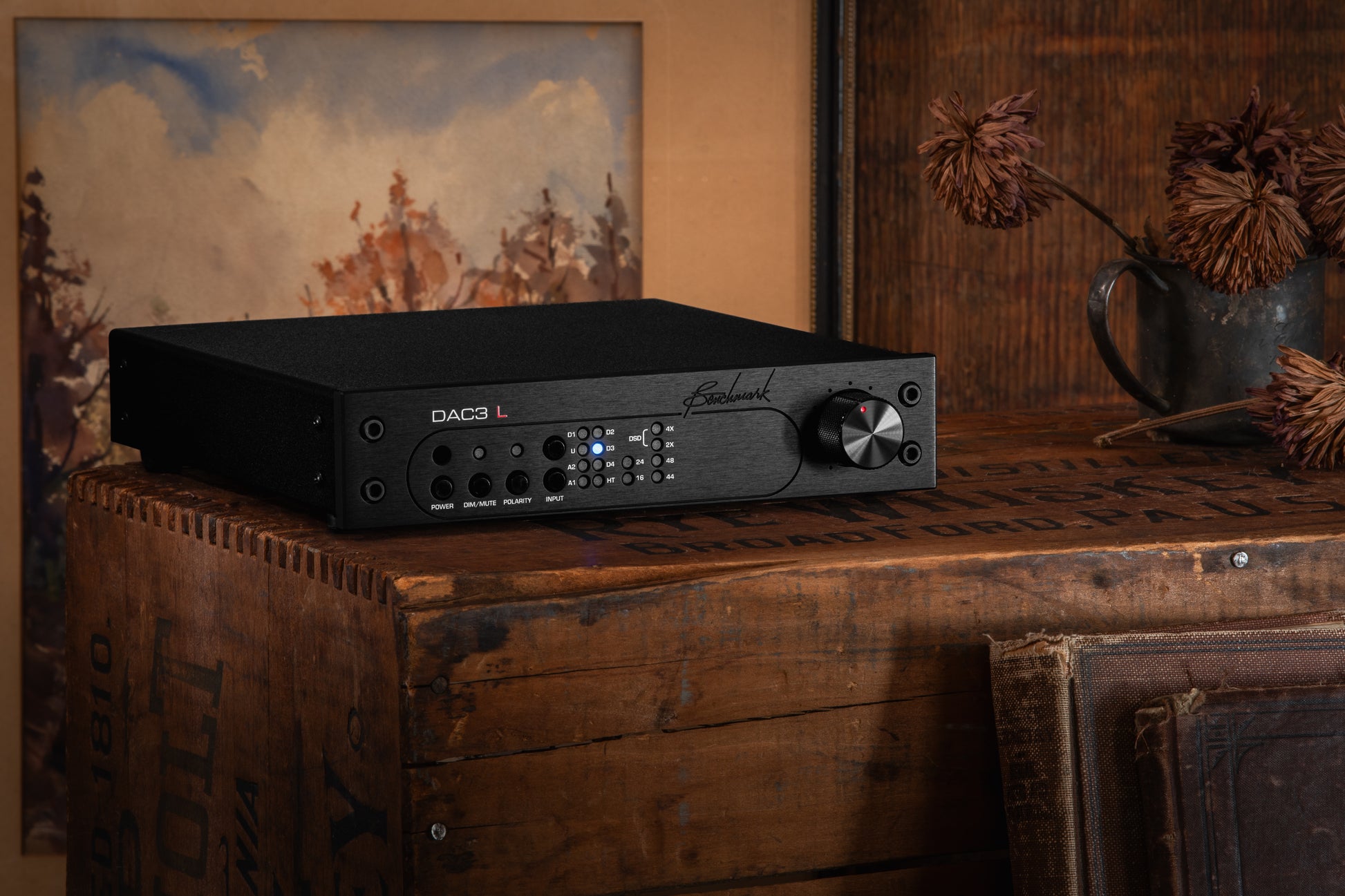 Benchmark DAC3 L on a rustic wooden box
