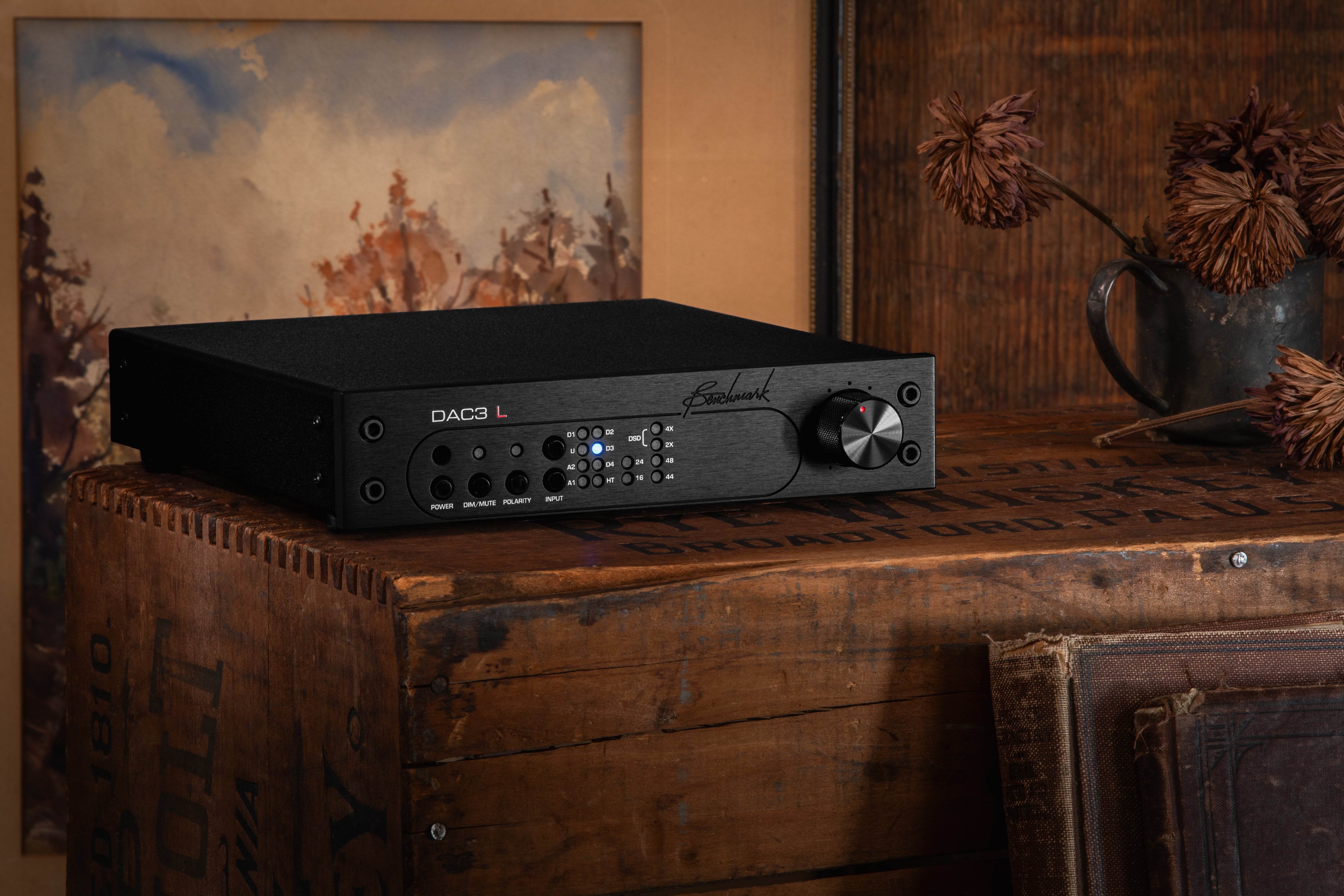 Benchmark DAC3 L on a rustic wooden box