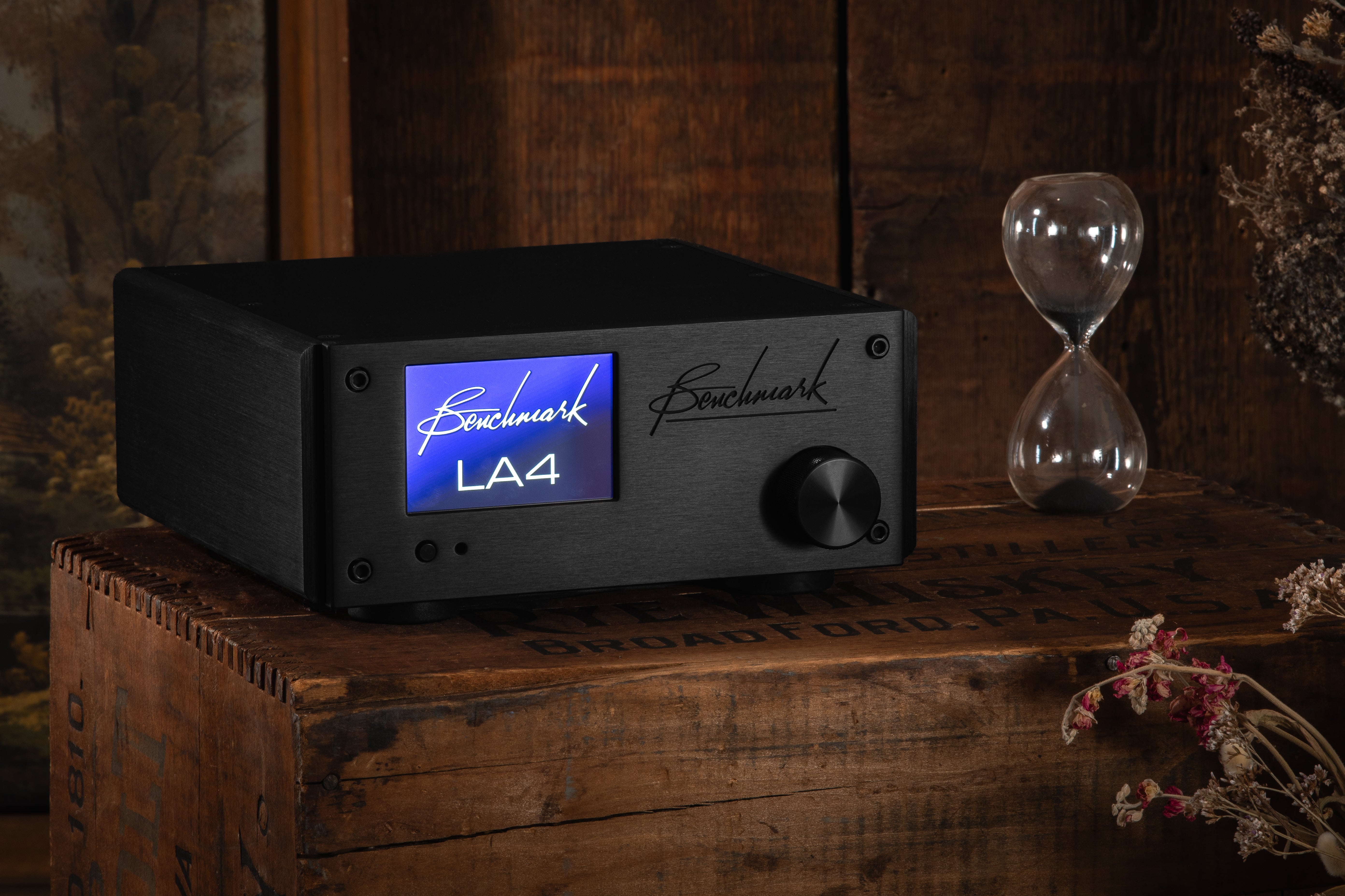 Benchmark LA4 on a rustic wooden box