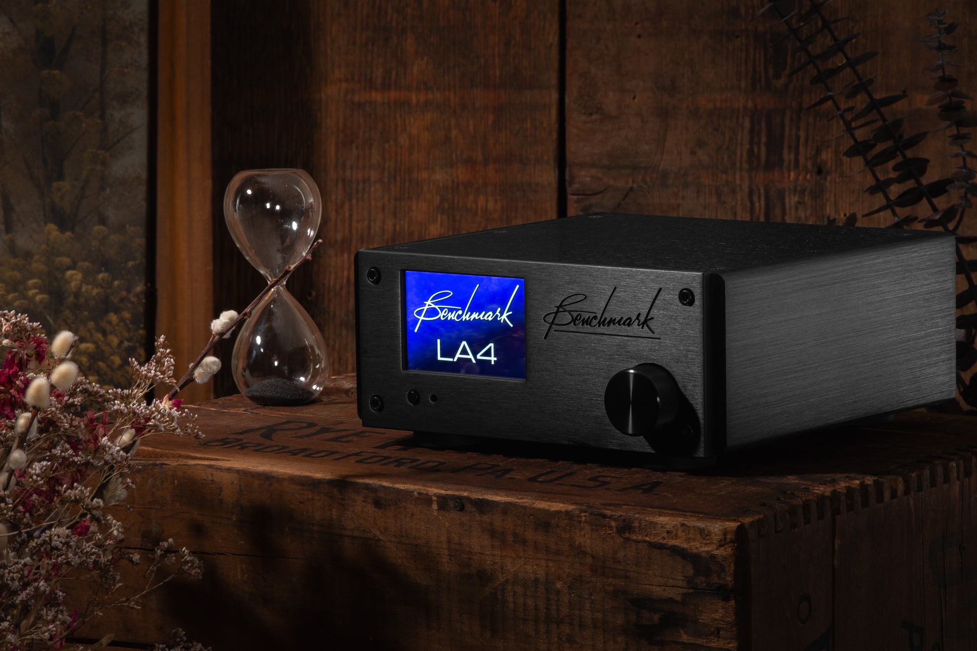 Benchmark LA4 on a rustic wooden box