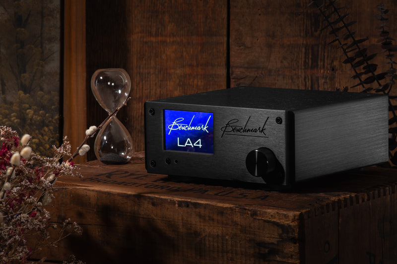 Benchmark LA4 on a rustic wooden box