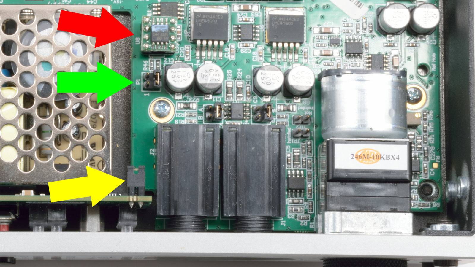 Top  -> module, middle -> jumper that must be moved, bottom -> gain adjustment jumper